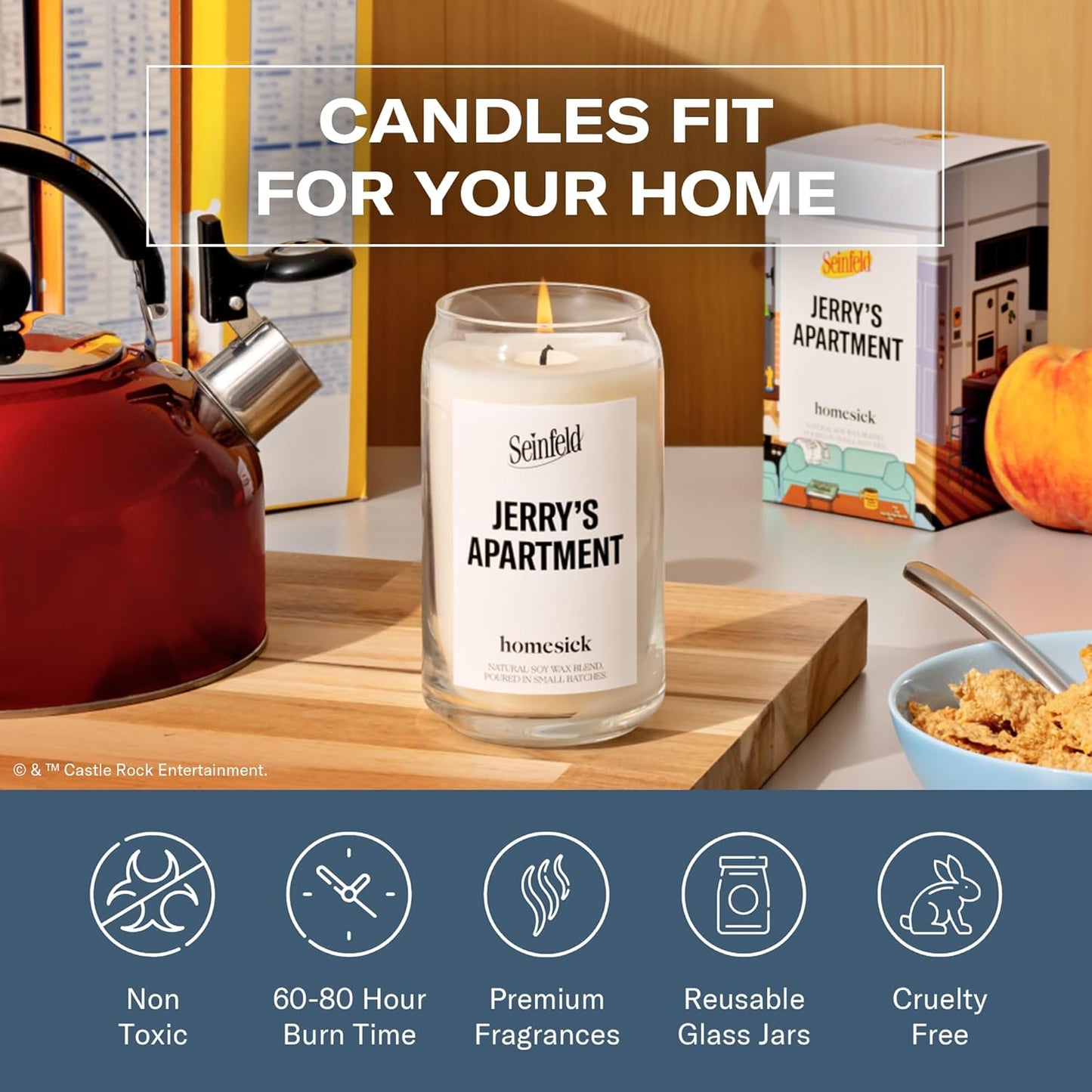 Homesick Scented Candles for Home (Jerry's Apartment) - 13.75 oz Long-Lasting Soy Wax Jar Candle for Women & Men for All Occasions, 60-80 Hours Burn Time - Notes of Suede Leather, Vanilla & Cedarwood