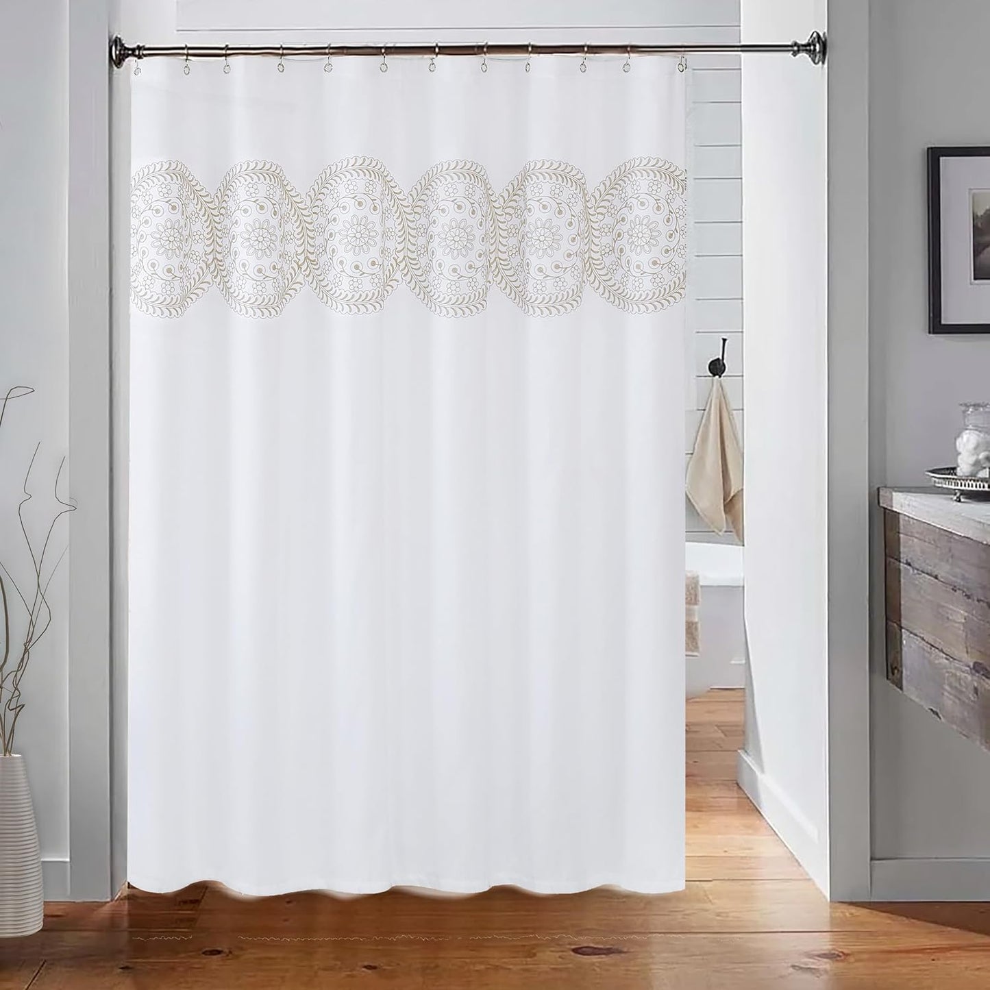 Jubilantex Tan and White Embroidered Shower Curtain for Bathroom, Farmhouse Boho Floral Fabric White and Beige/Ivory/Taupe/Cream Decorative Waterproof Rustic Bath Curtain for Spa Hotel, 70x72 Inches