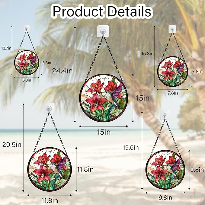 Stained Glass Window Hanging - Hummingbird On Red Lily Flower Sun Catcher for Door Garden Decor Suncatcher Christmas Mother's Day Birthday Gifts for Bird Lovers Women Men Mom Nana 15 in