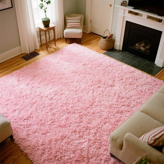 Pink Area Rugs for Girls Bedroom, 8x10 Fluffy Fuzzy Shaggy Carpet for Kids Playroom Nursery Living Room, Thick Soft Plush Mat for Kids Baby Boys Teen Dorm Home Decor Aesthetic