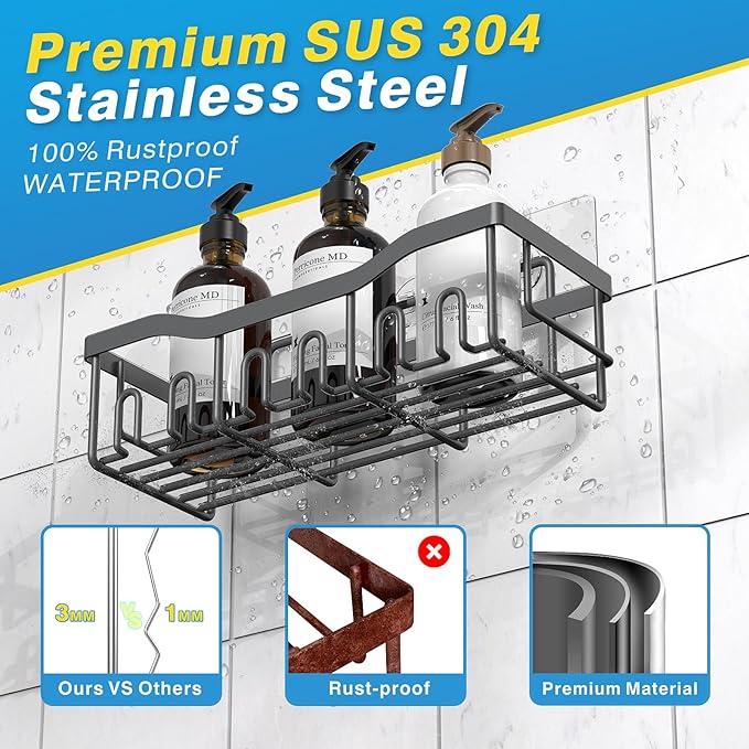 5-Pack Rustproof Stainless Steel Shower Caddy – No Drill Adhesive Bathroom Organizer with Large Capacity, Spacious Shower Shelves for Inside Shower, Kitchen & Home Decor Storage-XL Size