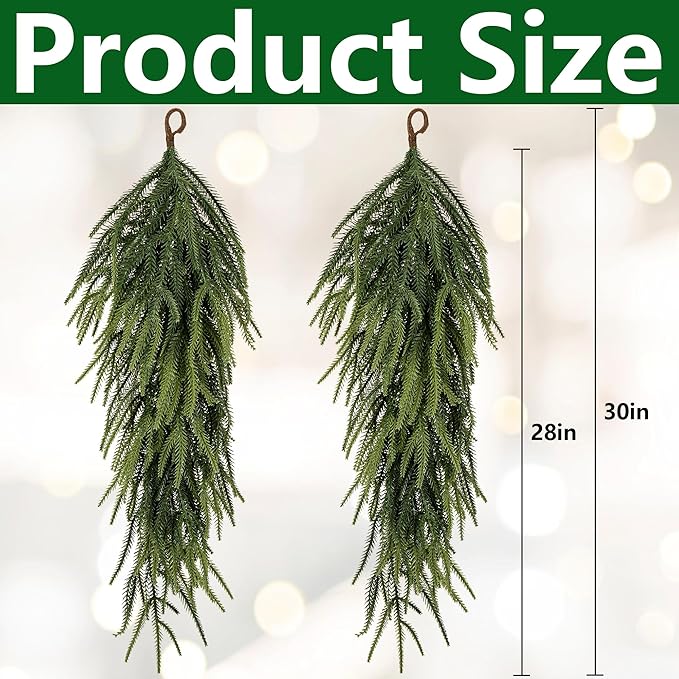2 Pcs 30" Extra Length Artificial Christmas Teardrop Swag, Faux Pine Needles Teardrop Door Swag, Christmas Norfolk Greenery Teardrop Wreath for Xmas Door Table Mantle Fireplace Indoor Outdoor Decor