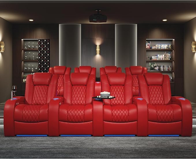 Seatcraft Diamante - Home Theater Seating - Living Room - Power Recline - Italian Leather - Powered Headrests - Cupholders - USB Charging - Ambient Lighting - Arm Storage, Red, Row of 4