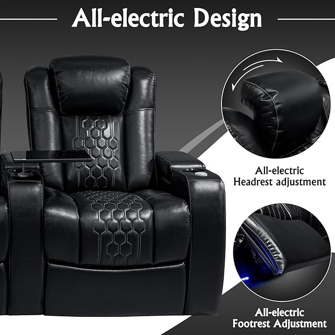 Home Theater Seating, Living Room, Heat & Massage, Powered Headrest, Powered Lumbar, Italian Leather, Powered Recline, Single Recliner (Black, Row of 5 Loveseat Left)