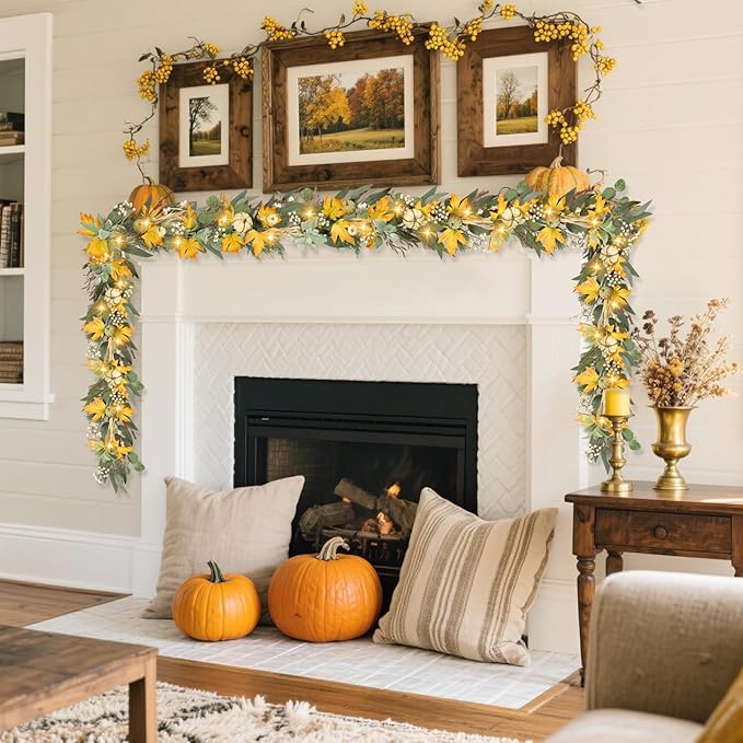 6 Ft Fall Garland for Mantle Fall Decorations for Home Porch Fall Maple Leaves Garlands with Lights/Timer Pumpkin Garland for Thanksgiving Outdoor Indoor Table Fireplace Wedding Hanging Autumn Decor
