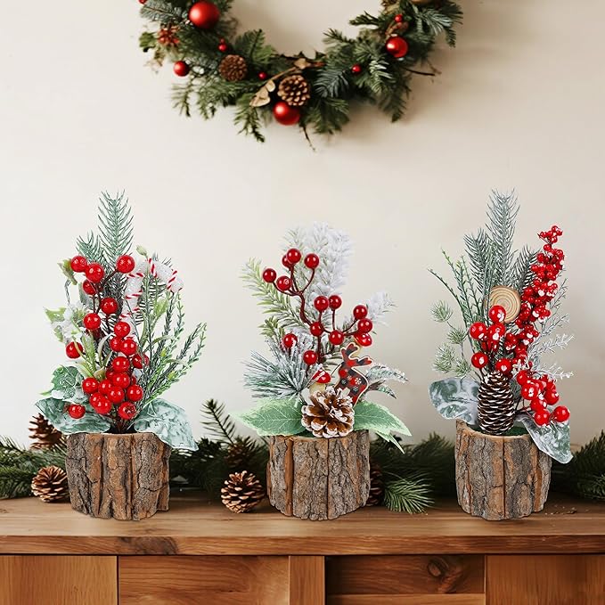 winemana 3 Pack Mini Christmas Trees Table Decorations, 11.5 Inch Small Artificial Xmas Tree Centerpieces with Red Berries & Pine Cones for Home, Office, Tabletop, Indoor Holiday Party Decor
