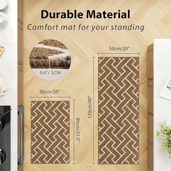 hicorfe Kitchen Rugs and Mats Sets,Non-Slip 2 Pieces Absorbent 100% Polypropylene Rug,Comfort Kitchen Runner Mat,Washable for Kitchen,Sink,Laundry(20" x 31.5" Plus 20" x 48",Brown)