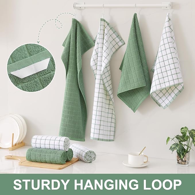 Homaxy Premium Cotton Kitchen Towels 16"x 28", Large Natural Ring Spun 390 GSM Dish Towels, Super Absorbent Terry Kitchen Hand Towels, Soft Tea Towel with Hanging Loop, Grass Green Check, 6 Pack