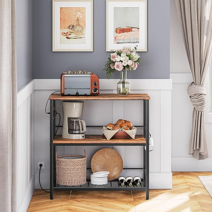 HOOBRO Kitchen Island with Storage, Kitchen Island Table with Power Outlet, 35.4" L 3 Tier Coffee Station and Microwave Stand, for Home, Dining Room, Rustic Brown and Black BF021ZD01