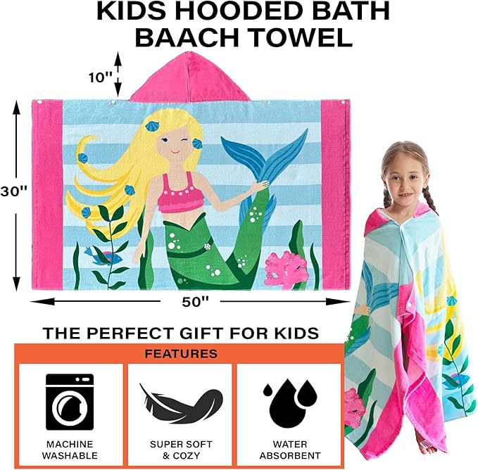 Kids Bath Towels, Kids Towel Girls Boys Hooded Beach,Bathroom,Pool Swim Towels 30 × 50 INCH Large Size Ultra Absorbent Cute Cartoon Animal Full Vitality 100% Cotton Wearable Wrap for Child