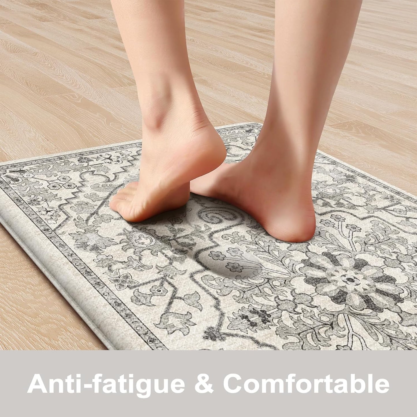 KIMODE Anti Fatigue Kitchen Mat 17.3"x29", Boho Distressed Kitchen Floor Mats Non Slip, Waterproof Kitchen Mat for Floor, Padded Comfort Standing Mat for Laundry, Office, Sink, Desk Grey