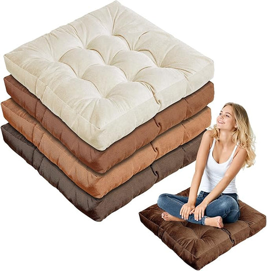 Jerify 4 Pcs Floor Pillow Cushions 22 x 22 Inch Round Square Large Meditation Floor Pillow for Classroom Adult Meditation Picnic Party Cushion for Seating Gift Christmas(Brown,Square)