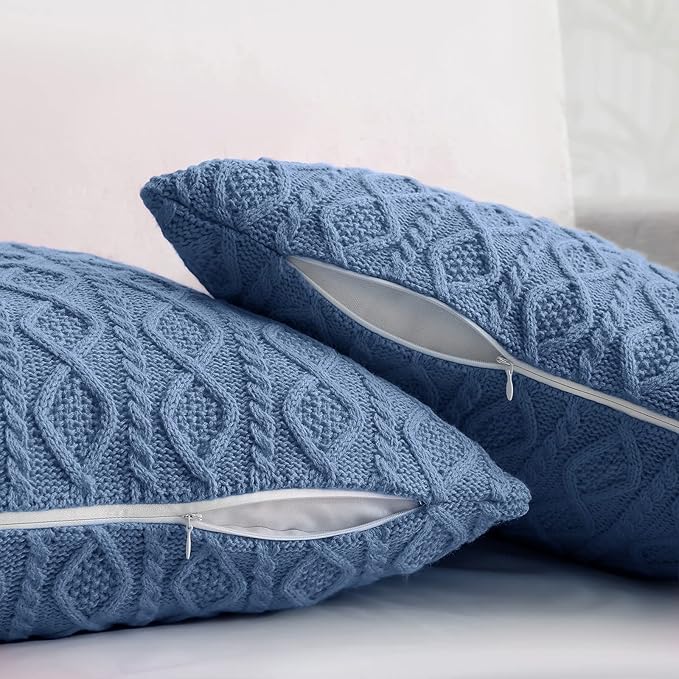 Homiest Cable Knit Throw Blanket & Pillow Set, Dusty Blue Set of 3, Knitted Blanket (50"x60") & 2 Pillow Covers (18"x18"), Soft & Cozy Decorative Couch Bed Sofa