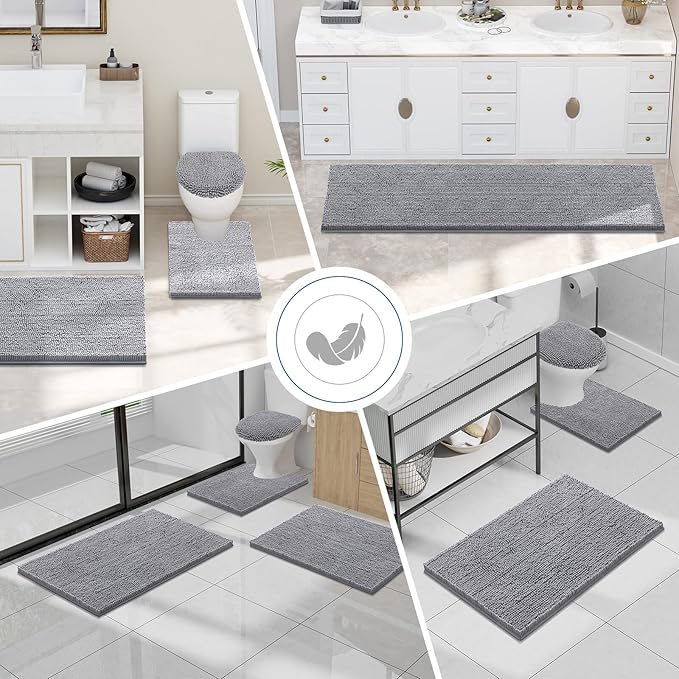 Smiry Luxury Chenille Bathroom Rugs 36x24, Extra Soft and Absorbent Shaggy Bath Mat, Machine Washable, Non-Slip Plush Carpet Runner for Tub, Shower, and Floor, Home Decor Accessories, Grey