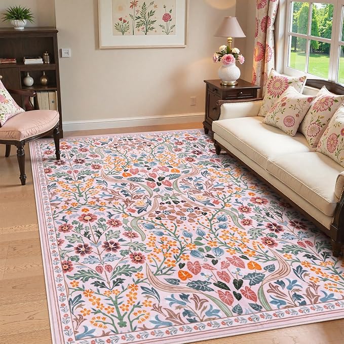 Lahome Floral Pink Boho Rugs for Classroom, 5x7 Washable Flower Dorm Rug for Bedroom Girls, Non Slip Plant Botanical Carpet for Nursery Living Room Kids Room, Soft Non Shedding Easy to Clean Carpets