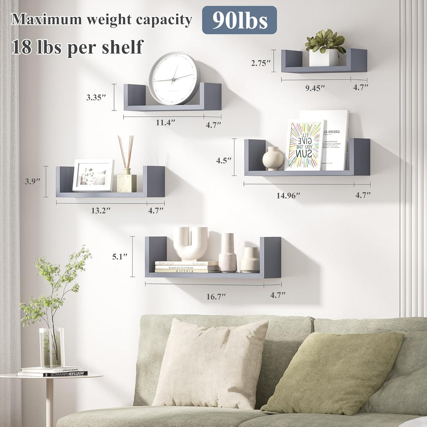 SRIWATANA Floating Shelves for Wall, Wall Shelves for Bathroom, Bedroom, Living Room, Kitchen, Office, Wood Shelves for Home Decor Set of 5 (Weathered Grey)