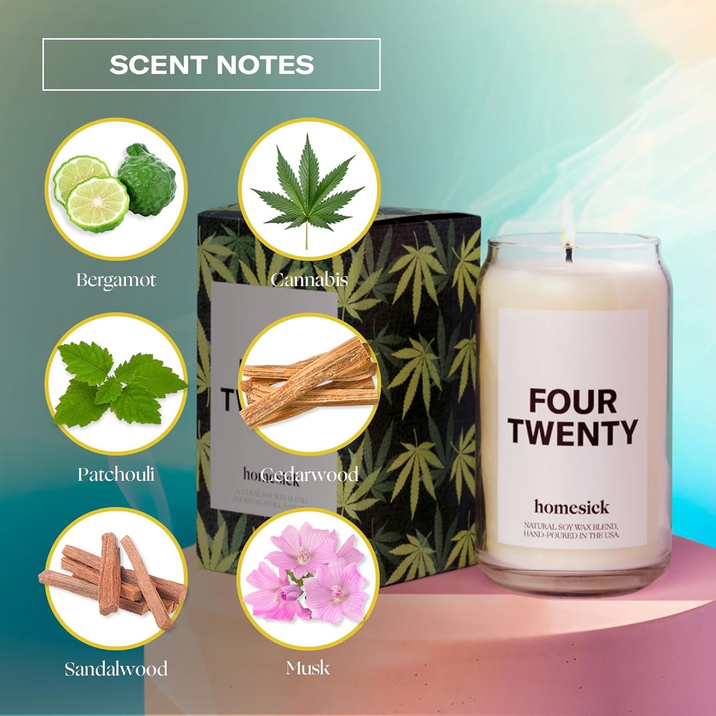 Homesick Scented Candles for Home (Four Twenty) - 13.75 oz Long-Lasting Natural Soy Wax Blend Jar Candle Gifts for Women & Men for All Occasions, 60-80 Hours Burn Time - Notes of Bergamot & Sandalwood