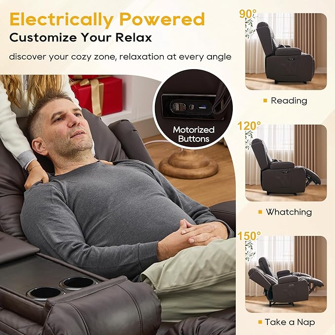 IPKIG 89" Power Reclining Loveseat Sofa, Electric Home Theater Seating with Console/4 Colors Ambient Lighting/Bluetooth Speakers/USB Ports/Built-in Outlets (Brown, 3-Seater with Console)