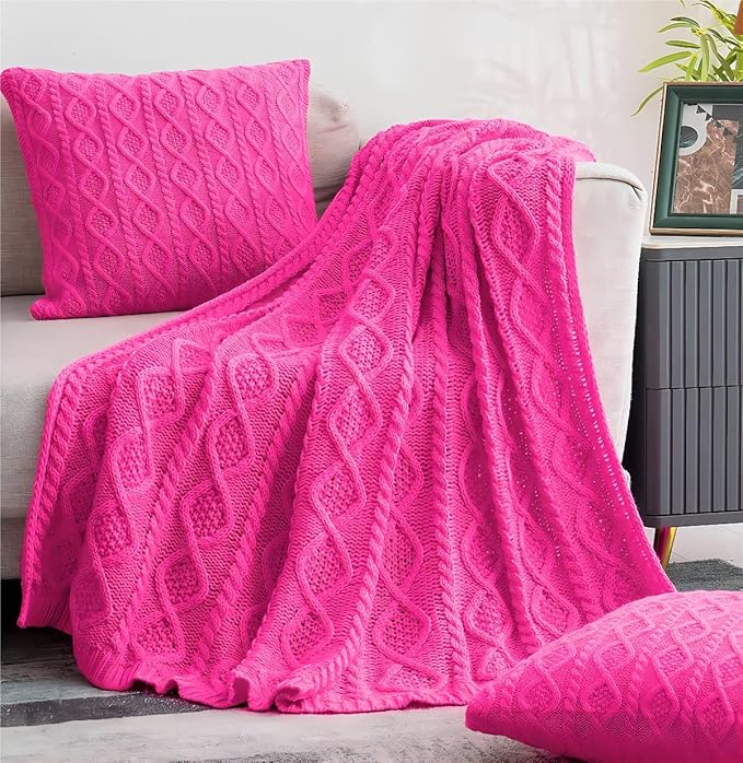 Homiest Hot Pink Cable Knit Throw Blanket 90 x 90 Inch, Queen Lightweight Acrylic Knitted With Diamond Texture, Soft & Cozy Decorative for Couch Bed Sofa