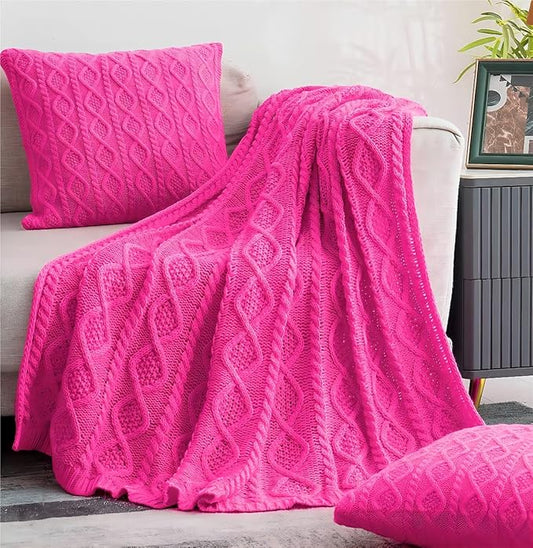 Homiest Hot Pink Cable Knit Throw, 60 x 80 Inch Acrylic Knitted Blanket with Diamond Texture, Soft & Cozy Decorative Blanket for Couch, Bed, Sofa