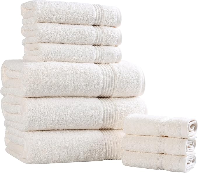 Superior Egyptian Cotton 9-Piece Towel Set, Assorted Towels for Home Bathroom, Guest Bath Decor Essentials, Includes 3 Bath, 3 Hand, 3 Face Towels/Washcloths, Quick Dry, Absorbent - Ivory