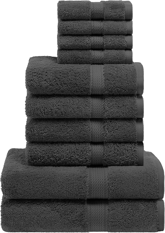 Superior Egyptian Cotton Pile 10 Piece Towel Set, Includes 2 Bath, 4 Hand, 4 Face Towels/Washcloths, Ultra Soft Luxury Towels, Thick Plush Essentials, Guest Bath, Spa, Hotel Bathroom, Charcoal