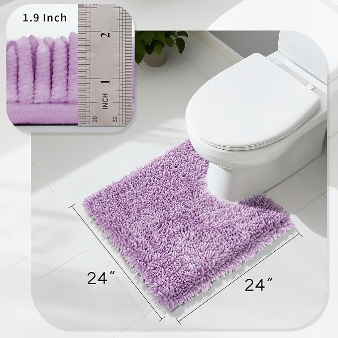 Yimobra Toilet Rugs U Shaped Washable, Extra Thick Soft Absorbent Chenille Contour Bathroom Rugs for Toilet 24x24 Inch, Quick Dry Non Slip Toilet Mat for Bath Floor, Lilac