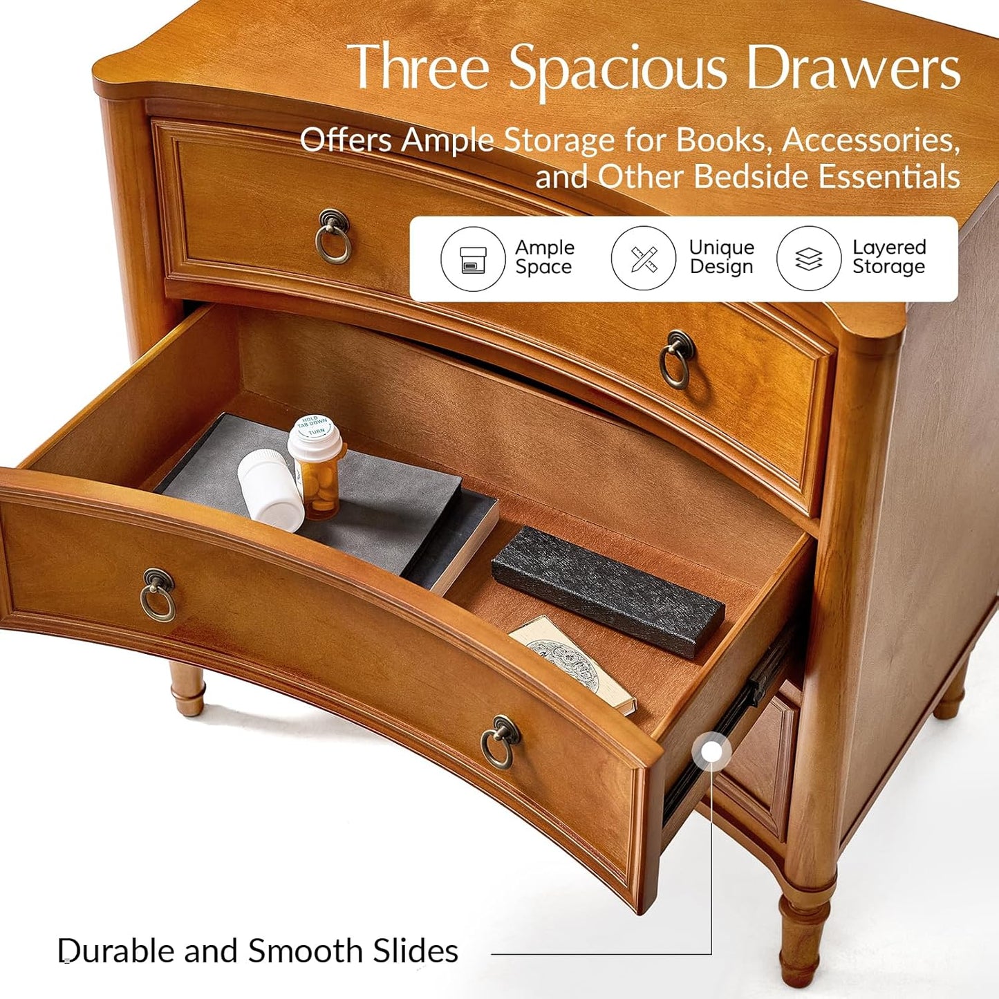 HULALA HOME 3 Drawer Nightstand with Charging Station, 26" Wide Nightstand with Solid Wood Legs and Curved Profile, Classic Bedside Table for Living Room Bedroom, Acorn