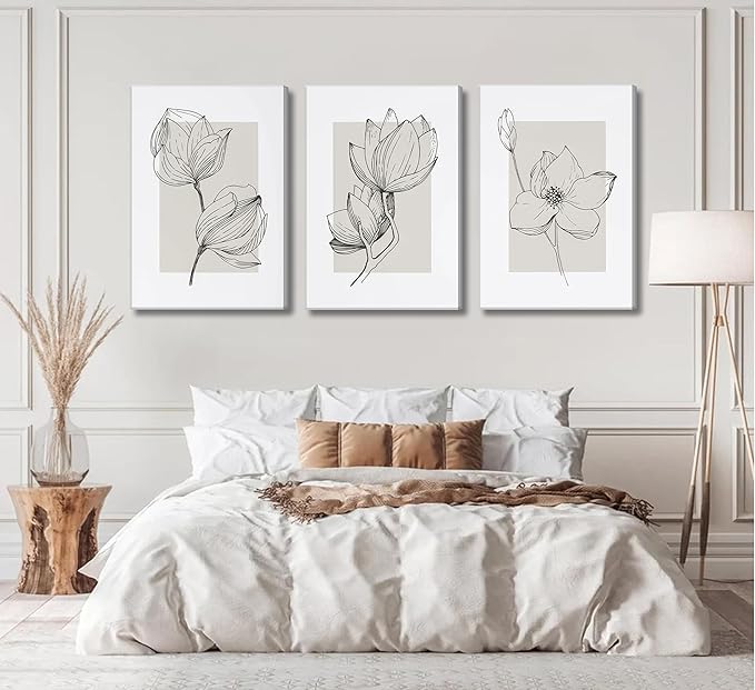 3Pcs Neutral Botanical Canvas Wall Art Beige Simple floral Painting Pictures Wall Decor Vintage Line flower Poster Print Artwork for Living Room Bedroom Bathroom Scene Home Decoration