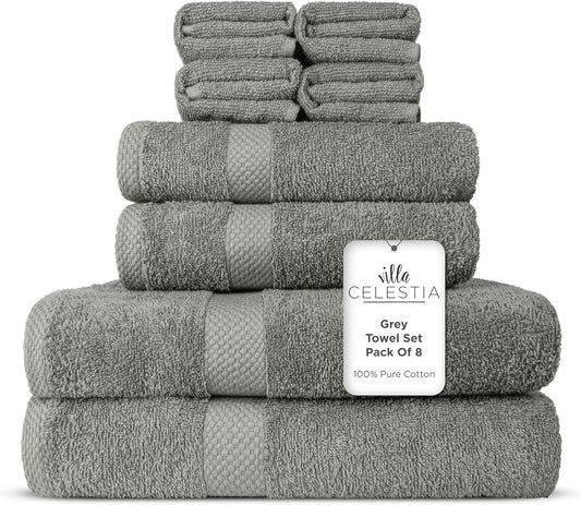 100% Combed Cotton Bathroom Towel Set of 8- 2 Bath Towels, 2 Hand Towels, 4 Wash Cloths, Sustainable, Soft, Highly Absorbent 8 Piece Cotton Bath Towel Set Ideal for Hotels, Spa, Bathroom, Dorm, Grey