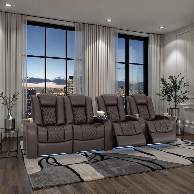 Seatcraft Diamante Zero-Gravity CoolZero Italian Leather Home Theater Seating, Power Headrest, Power Recline, Row of 4 Left Loveseat, Brown