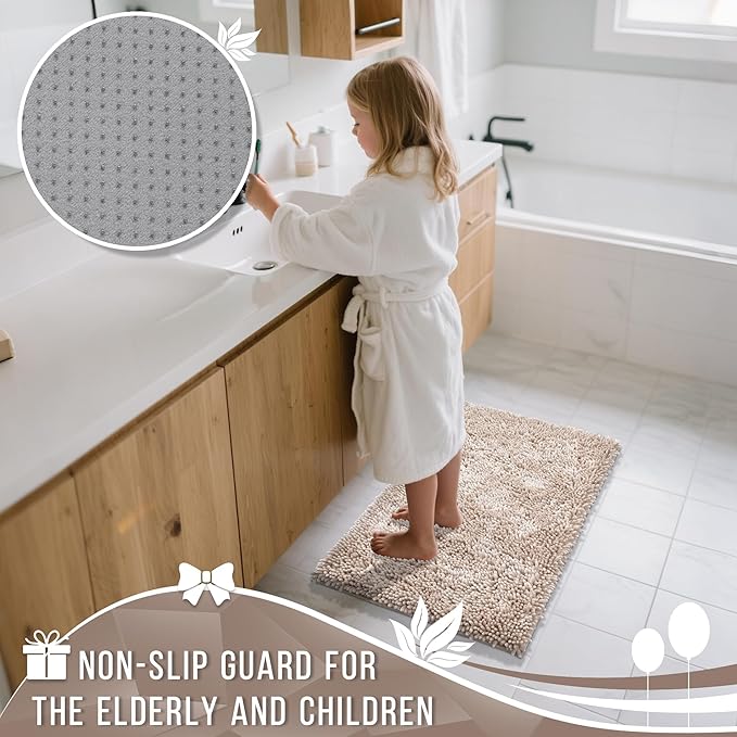 Yimobra Long Bathroom Rugs Runner 55x24 Inch, Extra Thick Soft Absorbent Chenille Bath Mat, Non Slip Machine Washable, Quick Dry Bath Rugs for Bathroom Floor, Tub and Shower, Khaki