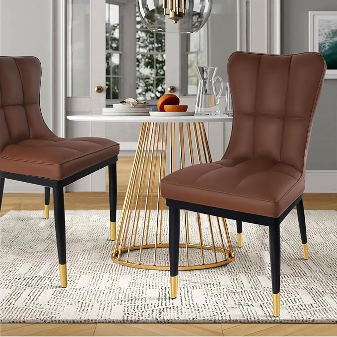 High-Back Faux Leather Dining Chairs Set of 2, Modern Sturdy Upholstered Accent Side Chair Deep Sponge Padded Seat with Metal Legs for Kitchen Dining Living Room Bedroom (Brown)