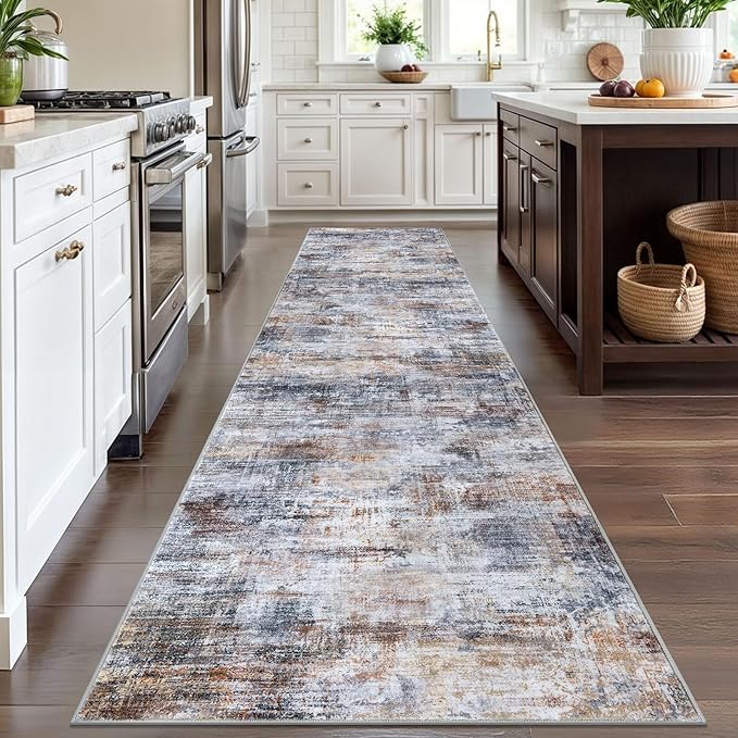 IOHOUZE Abstract Runner Rug 3x12 Ft Washable Runners for Hallways, Non Slip Kitchen Runner Printed Faux Wool Entryway Runner Indoor, Modern Abstract Floor Carpet for Hall Kitchen, Orange Grey