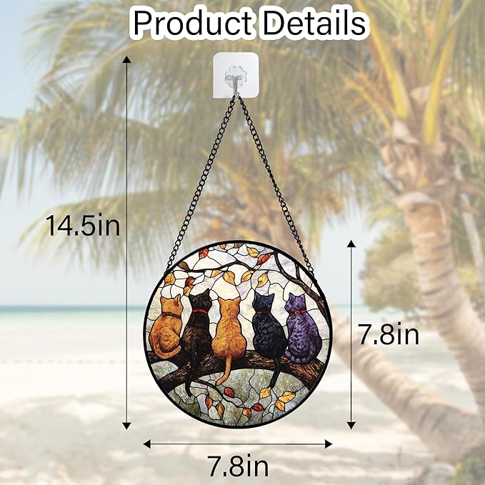 Stained Glass Window Hanging - 5 Cats on a Branch Suncatcher for Window Doors Home Decoration and Christmas, Mother's Day Father's Day Birthday Gifts for Women, Men, and Mom 7.8x7.8 in