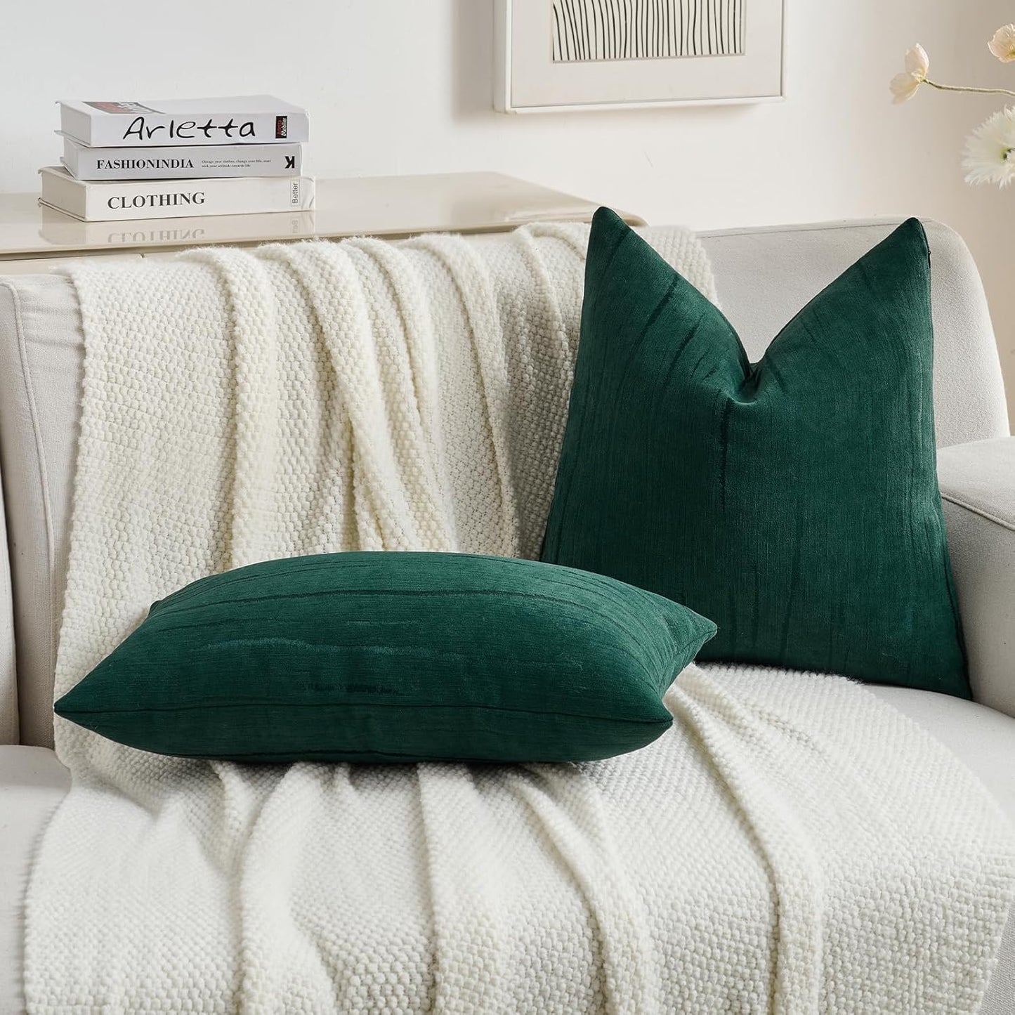 FUTEI Dark Green Chenille Decorative Throw Pillow Covers 22x22 Inch Set of 2,Soft Embossed Striped Textured Cushion Case,Modern Home Decor for Couch Bed Living Room