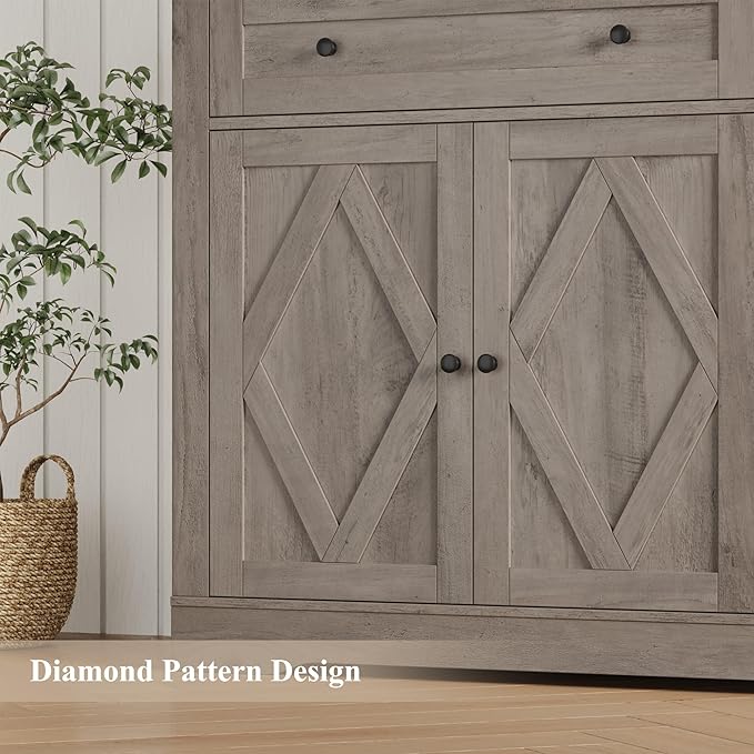 HOSTACK 55" Coffee Bar with 4 Large Drawers, 40" Tall Buffet Cabinet with Storage, Kitchen Storage Cabinet, Modern Farmhouse Sideboard Buffet, Adjustable Shelves for Living Room, Ash Grey