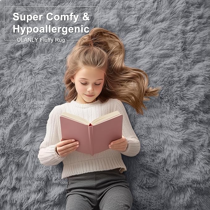 OLANLY 2x8 Machine Washable Runner Rugs for Hallway, Soft Fluffy Shaggy Bedside Rugs for Bedroom, Living Room, Indoor Floor Carpet for Kids Girls Boys, Nursery Rooms, Home Decor Aesthetic, Light Grey