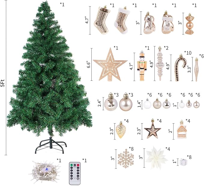 5ft Artificial Christmas Tree with Lights and Ornaments, Prelit Xmas Tree with Hanging Balls (8 Modes) for Home Holiday Decoration, Champagne+White