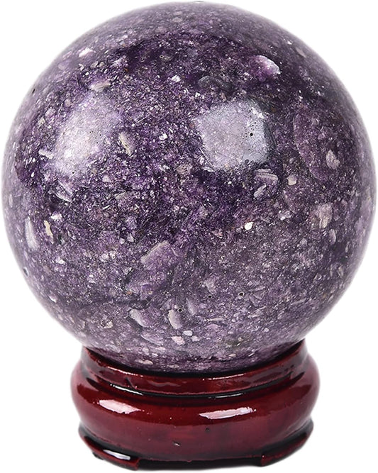 JIC Gem Deep Purple Lepidolite Sphere with Stand Natural Sparkling Lithia Mica Crystal Ball Brazil Mineral Gemstone (70-80mm)