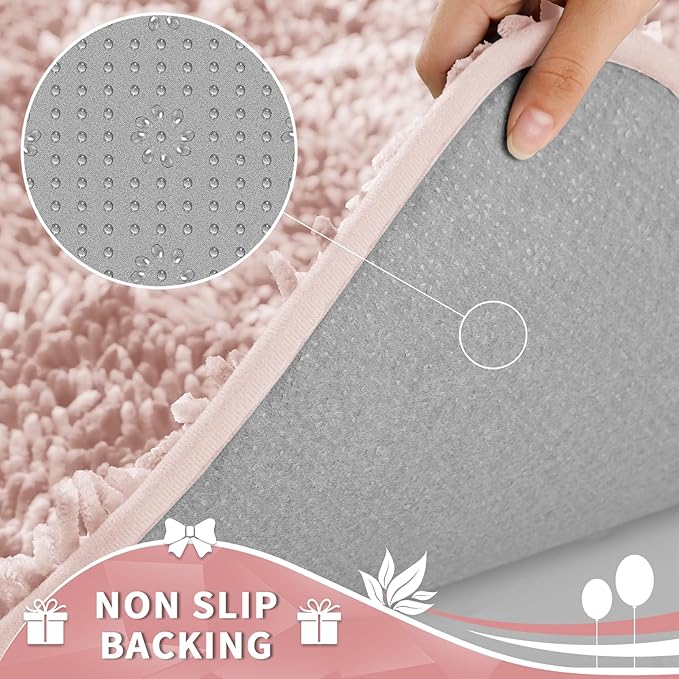 Yimobra Toilet Rugs U Shaped Washable, Extra Thick Soft Absorbent Chenille Contour Bathroom Rugs for Toilet 24x24 Inch, Quick Dry Non Slip Toilet Mat for Bath Floor, Pink