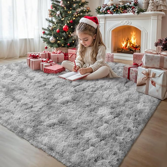3x5 Tie Dyed Grey Small Throw Rug for Entryway Non Slip, Mini Fluffy Grey Rugs for Bedroom, Plush Furry Cozy Front Entrance Indoor Floor Carpet Home Decor Aesthetic Nursery