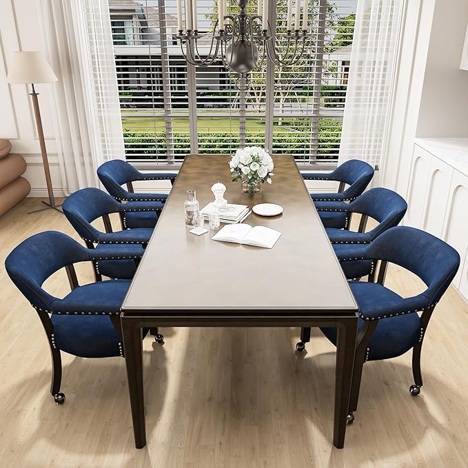 Dinning Chairs with Wheels and Arms Set of 2, Solid Wood Office Desk Chairs with Frosted Velvet Upholstered, Classic Swivel Accent Chairs, 31.5" H Boss Caption's Chair, Ocean Blue XXY-HT22-OB