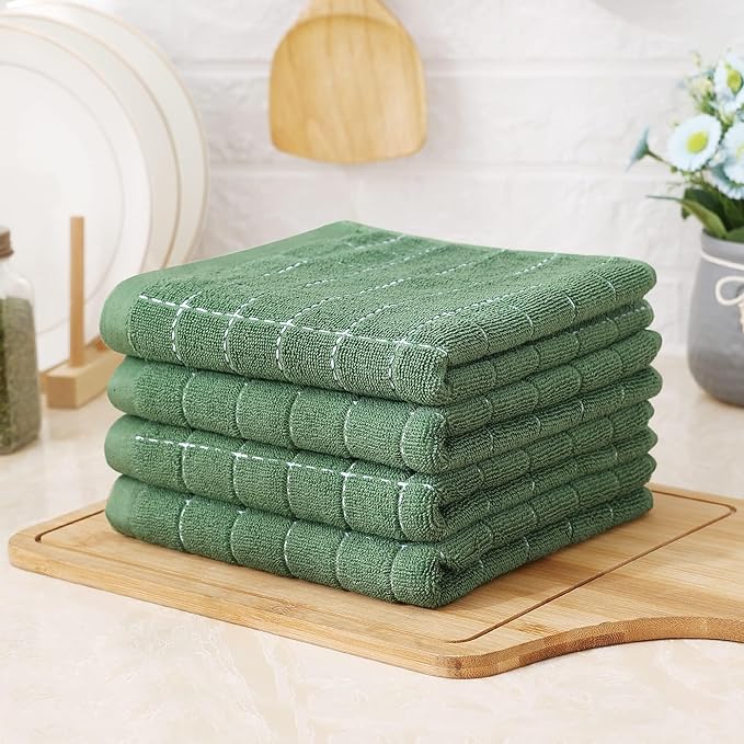 Homaxy 100% Cotton Terry Kitchen Towels(Grass Green, 13 x 28 inches), Checkered Designed, Soft and Super Absorbent Dish Towels, 6 Pack