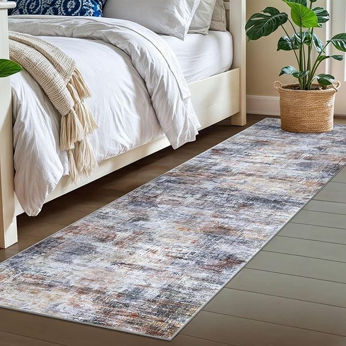IOHOUZE Abstract Runner Rug 2x7 Ft Washable Runners for Hallways, Non Slip Kitchen Runner Printed Faux Wool Entryway Runners Indoor, Modern Abstract Floor Carpet for Hall Kitchen Bedroom, Orange Grey