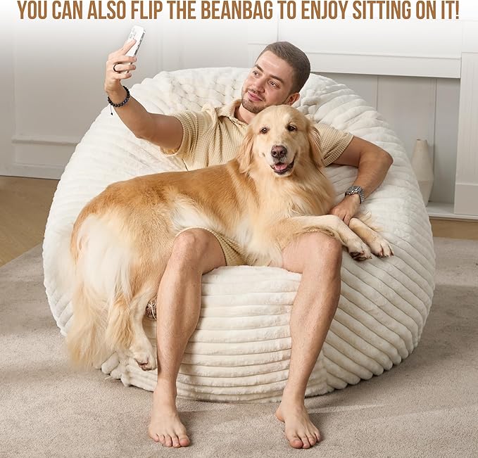 Hobestluk 5ft Bean Bag Chairs for Adults Large Beanbag Chair with Dutch Corded Plush Cover Big Bean Bag Chair for Living Room Bedroom Dorm Office - White (50” x 50” x 24”)