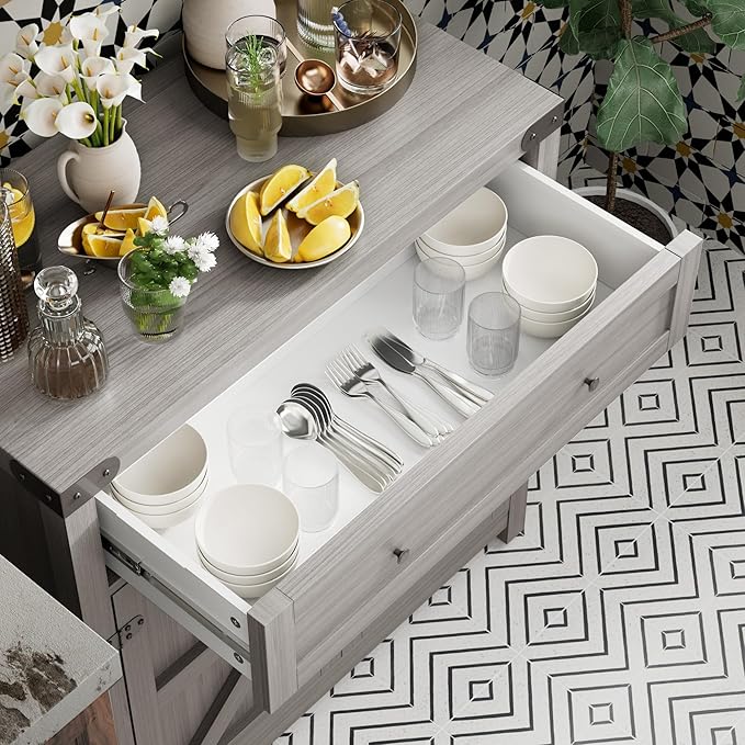 JUMMICO Coffee Bar Cabinet Farmhouse Kitchen Sideboard Buffet Cabinet with Drawer and Adjustable Shelf Barn Door Storage Cabinet for Kitchen, Dining Room, Bathroom, Entryway (Ash Grey)