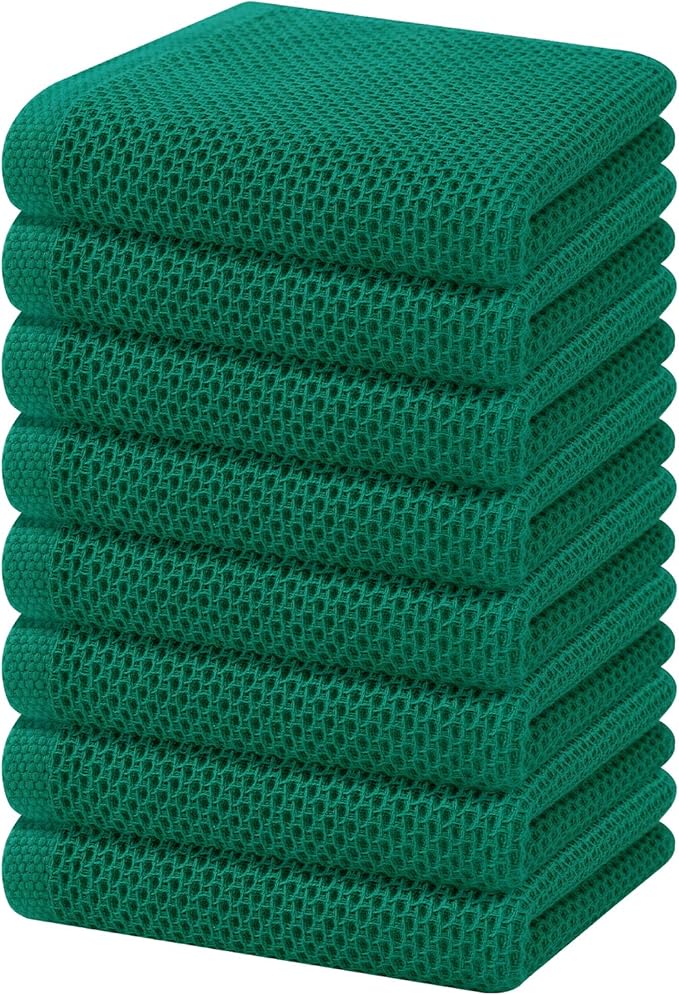 Homaxy 100% Cotton Waffle Weave Kitchen Dish Towels, Ultra Soft Absorbent Quick Drying Cleaning Towel, 13 x 28 Inches, 8-Pack, Dark Green