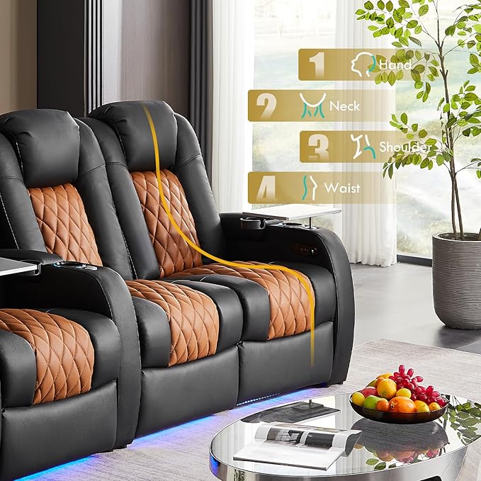 Home Theater Seating, Top Grain Leather Movie Seats Recliner Chair, Zero Gravity Reclining Gaming Sofa with Power Headrest 7 Colors Ambient Lighting 2 Seats Black Camel
