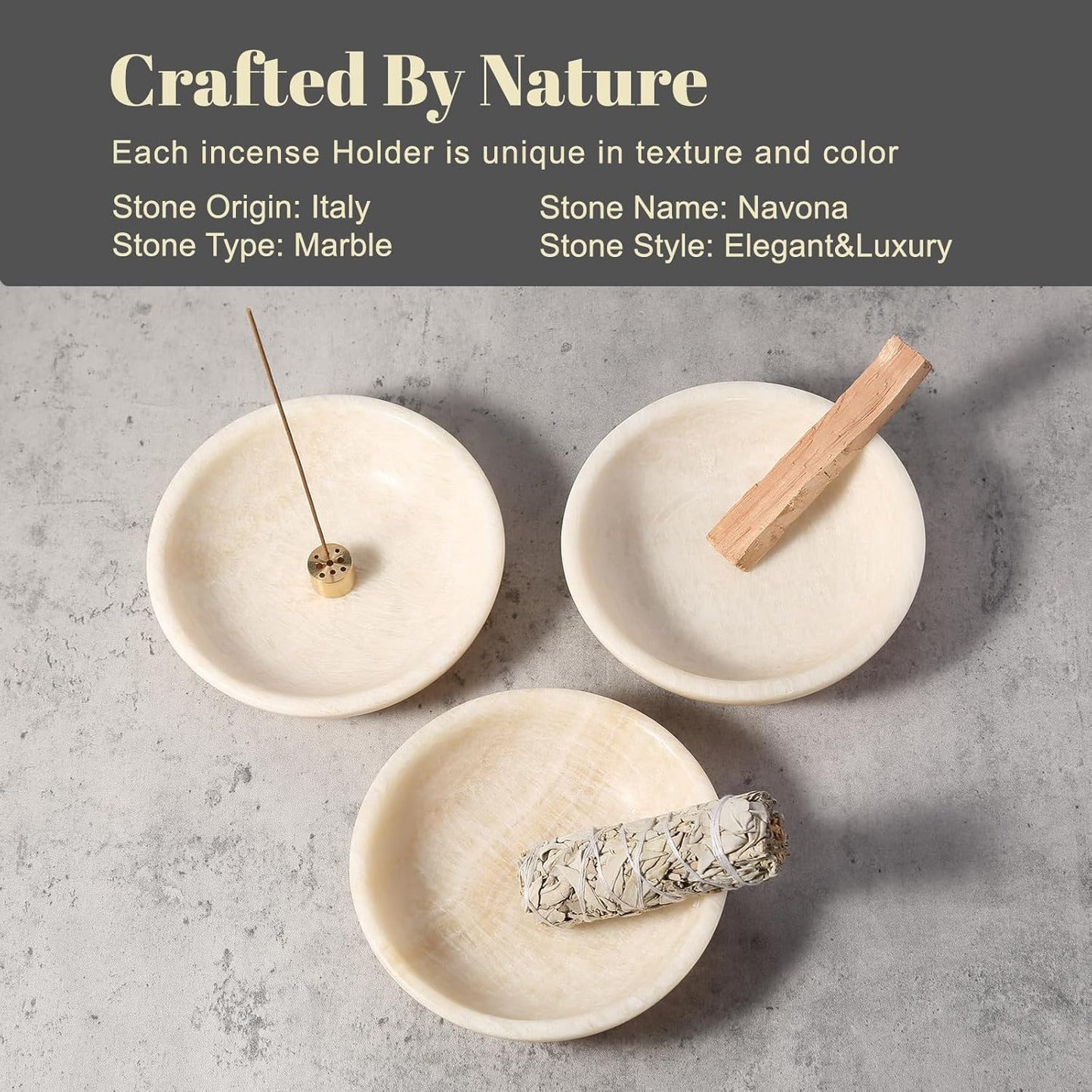 Koville Natural Marble Incense Holder, Incense Holder for Sticks with 9 Holes, Handmade Incense Burner Ash Catcher for Meditation Yoga SPA, Balsam Fir/Palo Santo/Sage/Cone(Ivory)